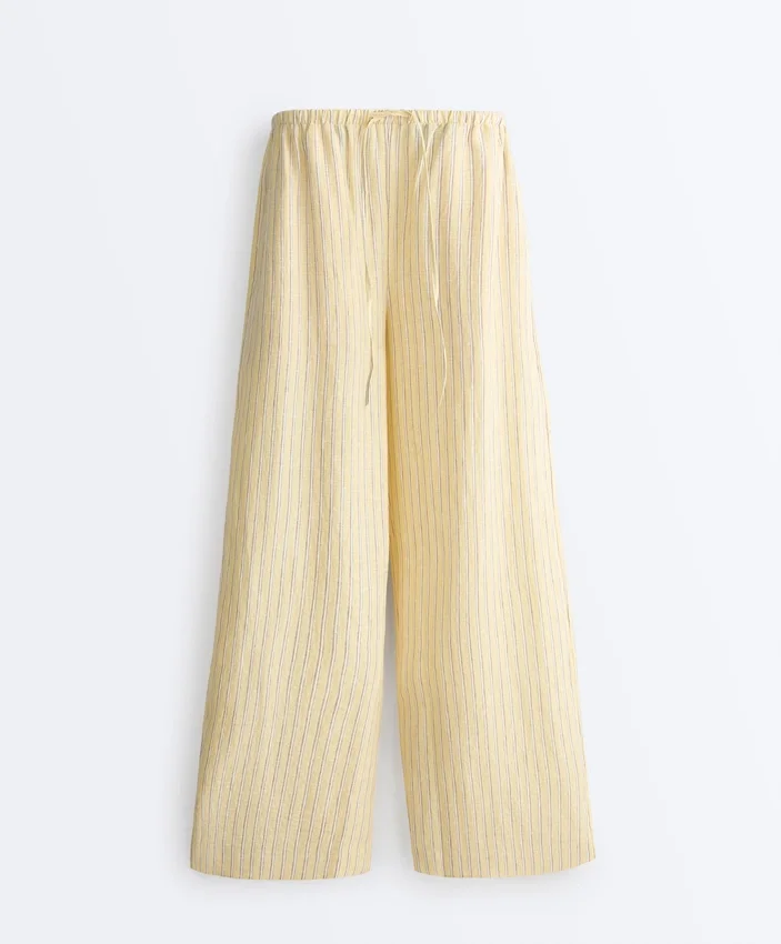 100 % Leinen-Hose mit geradem Bein und Streifenmuster 100 % Leinen-Hose mit geradem Bein und Streifenmuster