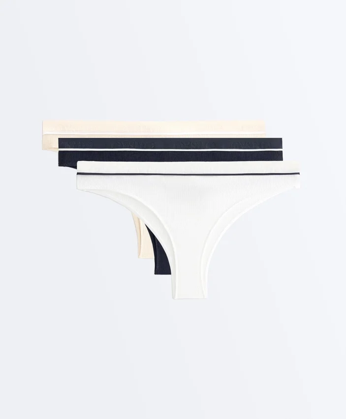 3 brasilianische Slips aus Baumwollmischgewebe mit Rippbündchen 3 brasilianische Slips aus Baumwollmischgewebe mit Rippbündchen