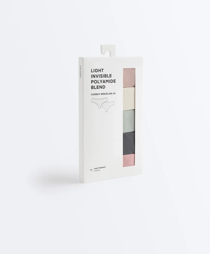 5 lasergeschnittene, unsichtbare Brazilian-Slips aus leicht geripptem Polyamid-Mischgewebe 5 lasergeschnittene, unsichtbare Brazilian-Slips aus leicht geripptem Polyamid-Mischgewebe