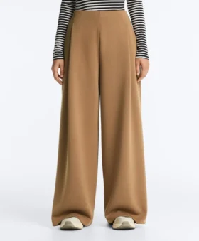 Hoch taillierte Twill-Hose mit weitem Bein und Falten