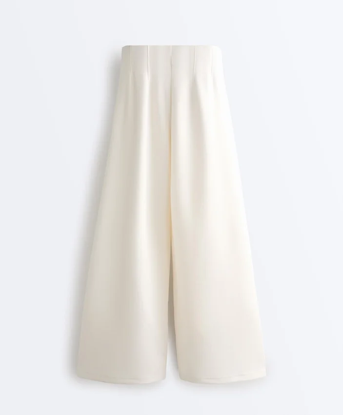 Hoch taillierte Twill-Hose mit weitem Bein und Falten Hoch taillierte Twill-Hose mit weitem Bein und Falten
