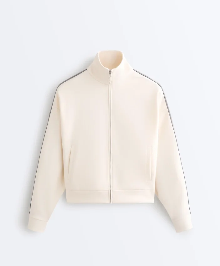 Jacke aus Piqué-Baumwolle mit Fischgrätenmuster an den Seiten Jacke aus Piqué-Baumwolle mit Fischgrätenmuster an den Seiten