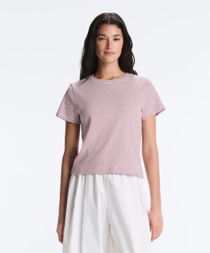 Kurzarm-T-Shirt aus Baumwollmischung mit Streifenmuster und normaler Passform Kurzarm-T-Shirt aus Baumwollmischung mit Streifenmuster und normaler Passform