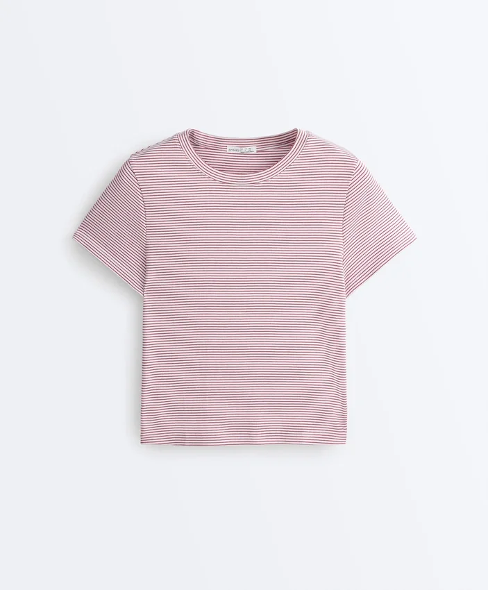 Kurzarm-T-Shirt aus Baumwollmischung mit Streifenmuster und normaler Passform Kurzarm-T-Shirt aus Baumwollmischung mit Streifenmuster und normaler Passform