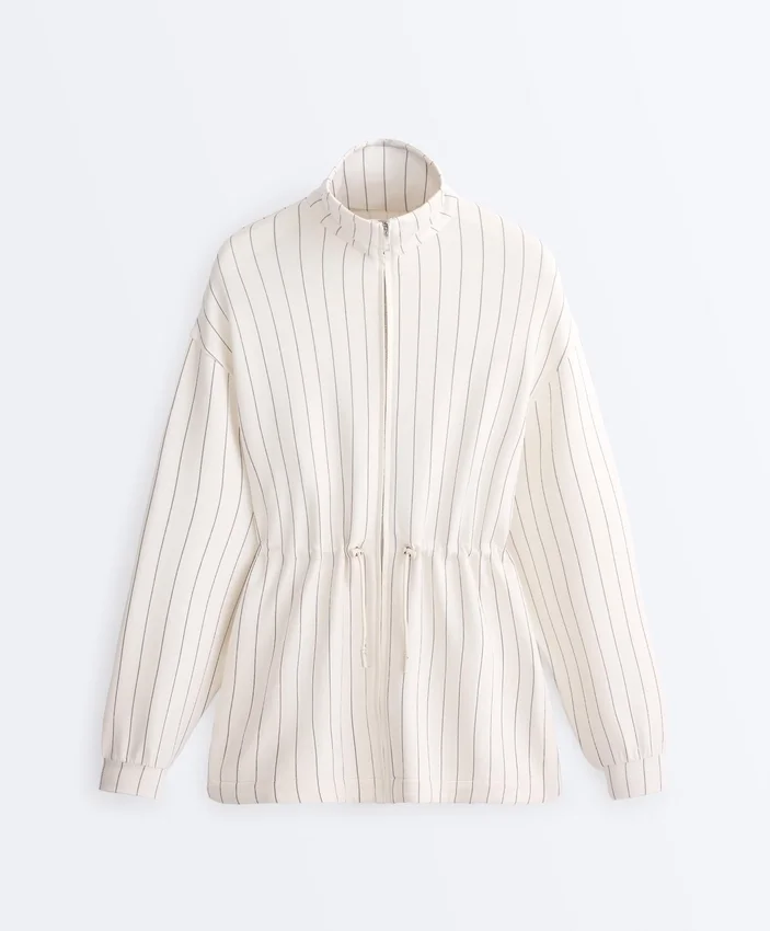 Lange Nadelstreifen-Jacke mit verstellbarer Taille und Soft Touch-Modal Lange Nadelstreifen-Jacke mit verstellbarer Taille und Soft Touch-Modal