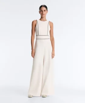 Langer Piqué-Jumpsuit mit Paspelierung aus Baumwolle