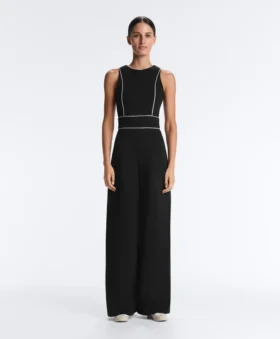 Langer Piqué-Jumpsuit mit Paspelierung aus Baumwolle