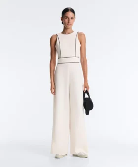 Langer Piqué-Jumpsuit mit Paspelierung aus Baumwolle