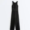 Langer Piqué-Jumpsuit mit Paspelierung aus Baumwolle Langer Piqué-Jumpsuit mit Paspelierung aus Baumwolle