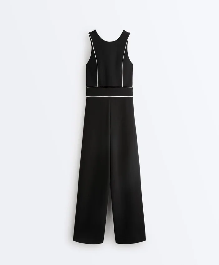Langer Piqué-Jumpsuit mit Paspelierung aus Baumwolle Langer Piqué-Jumpsuit mit Paspelierung aus Baumwolle