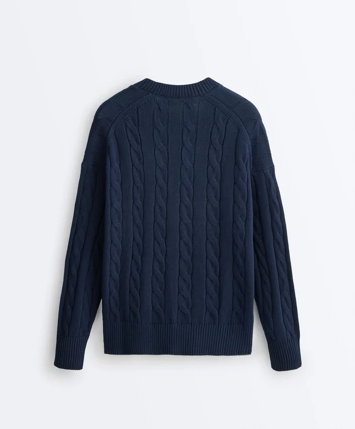 Pullover aus 100 % Baumwolle mit Zopfmuster und V-Ausschnitt Pullover aus 100 % Baumwolle mit Zopfmuster und V-Ausschnitt