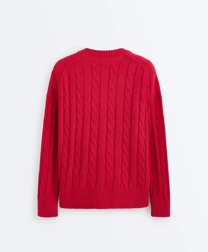 Pullover aus 100 % Baumwolle mit Zopfmuster und V-Ausschnitt Pullover aus 100 % Baumwolle mit Zopfmuster und V-Ausschnitt