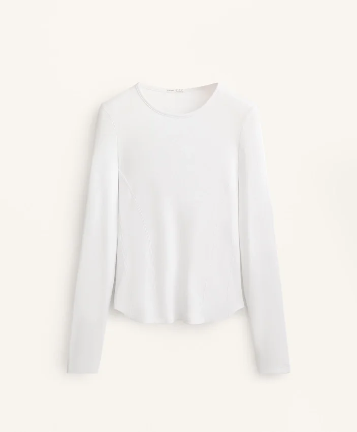Tailliertes Langarm-T-Shirt aus Baumwoll-Modal-Rippstoff Tailliertes Langarm-T-Shirt aus Baumwoll-Modal-Rippstoff